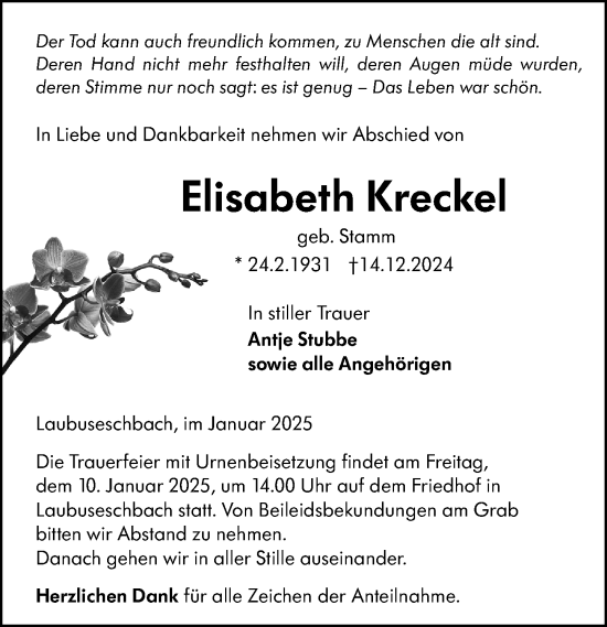 Traueranzeige von Elisabeth Kreckel von Weilburger Tageblatt