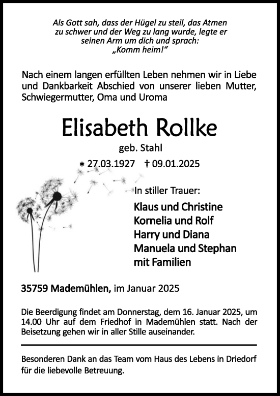 Traueranzeige von Elisabeth Rollke von Dill Block