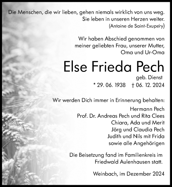 Traueranzeige von Else Frieda Pech von Weilburger Tageblatt