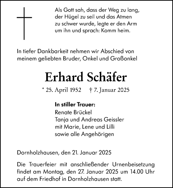 Traueranzeige von Erhard Schäfer von Wetzlarer Neue Zeitung