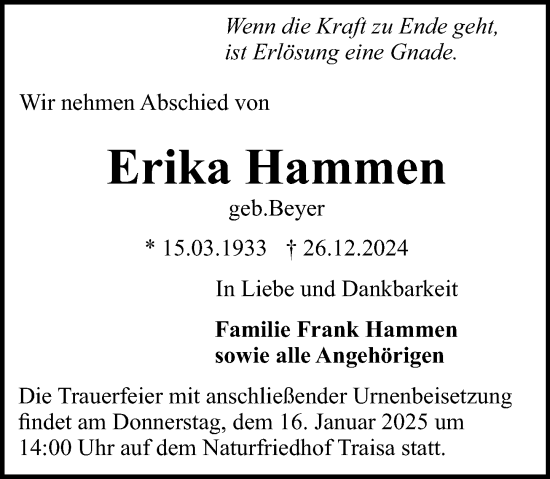 Traueranzeige von Erika Hammen von Darmstädter Echo