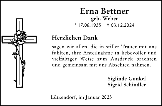 Traueranzeige von Erna Bettner von Weilburger Tageblatt
