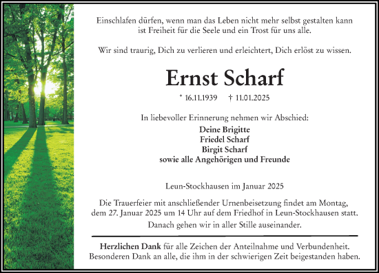Traueranzeige von Ernst Scharf von Wetzlarer Neue Zeitung
