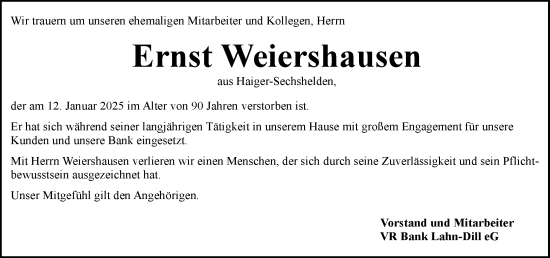 Traueranzeige von Ernst Weiershausen von Dill Block