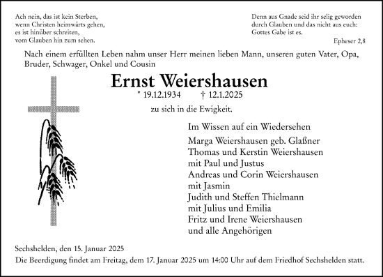 Traueranzeige von Ernst Weiershausen von Dill Block