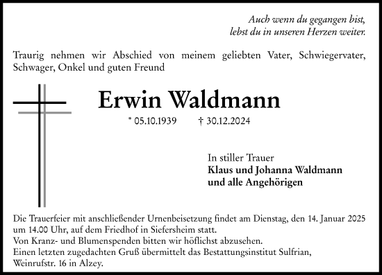 Traueranzeige von Erwin Waldmann von Allgemeine Zeitung Alzey