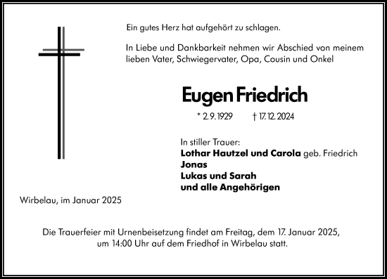 Traueranzeige von Eugen Friedrich von Weilburger Tageblatt