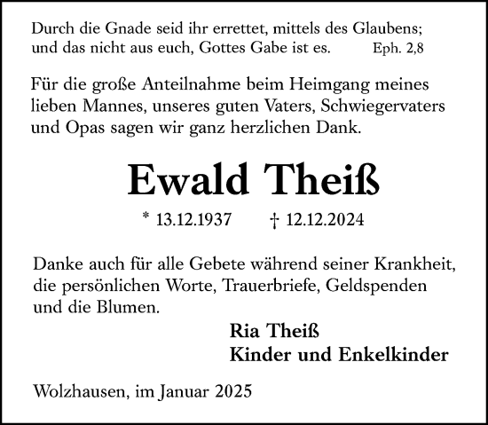 Traueranzeige von Ewald Theiß von Hinterländer Anzeiger