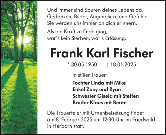 Traueranzeige von Frank Karl Fischer von Dill Block