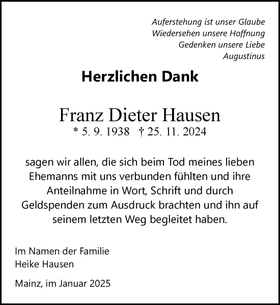 Traueranzeige von Franz Dieter Hausen von Allgemeine Zeitung Mainz