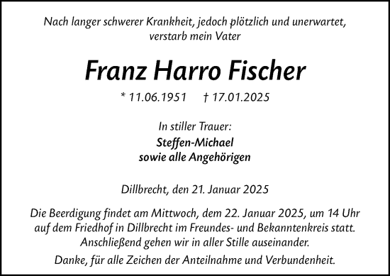 Traueranzeige von Franz Harro Fischer von Dill Block