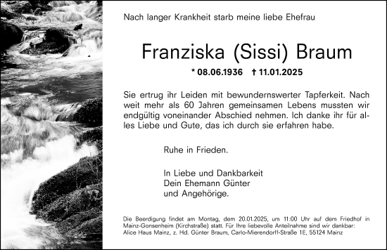 Traueranzeige von Franziska Braum von Allgemeine Zeitung Rheinhessen-Nahe