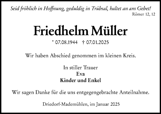 Traueranzeige von Friedhelm Müller von Dill Block