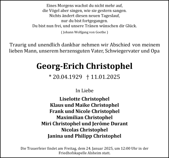 Traueranzeige von Georg-Erich Christophel von Wormser Zeitung