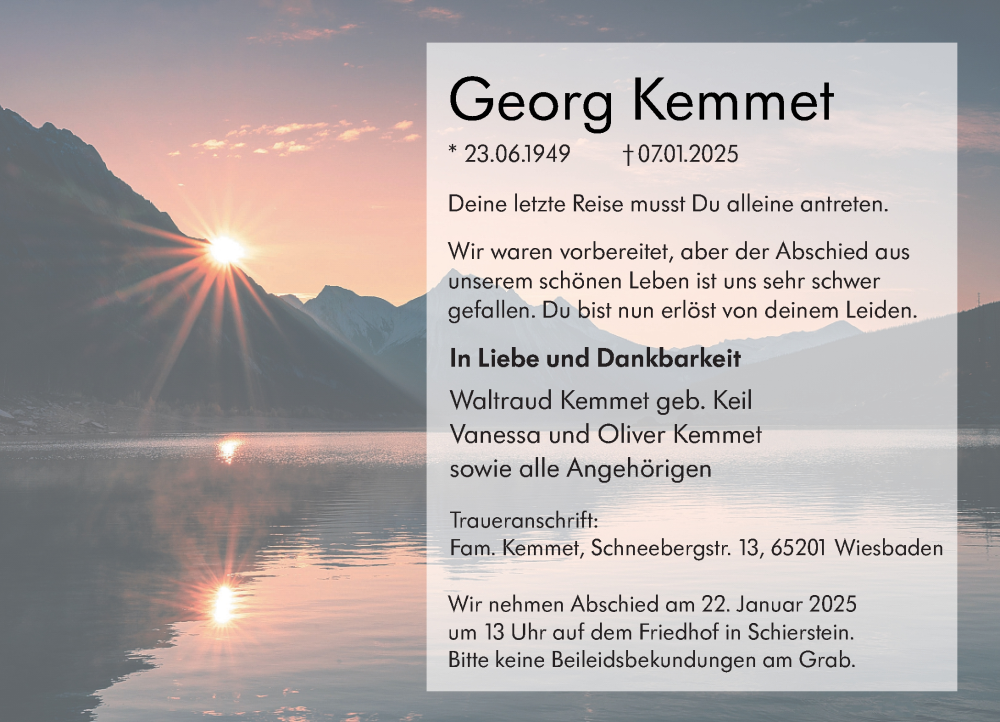 Traueranzeige für Georg Kemmet vom 11.01.2025 aus Wiesbadener Kurier