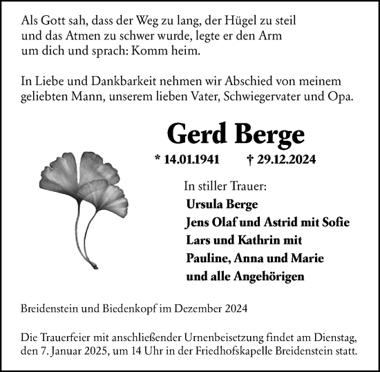 Traueranzeige von Gerd Berge von Hinterländer Anzeiger