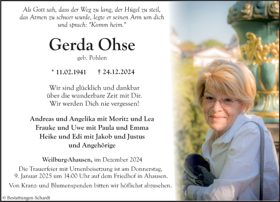 Traueranzeige von Gerda Ohse von Weilburger Tageblatt