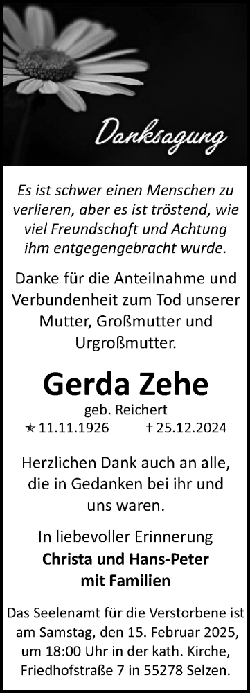 Traueranzeige von Gerda Zehe von Allgemeine Zeitung Mainz