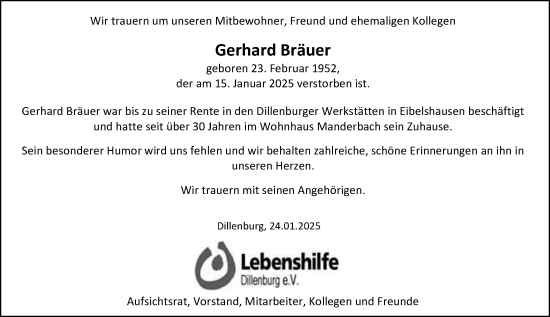 Traueranzeige von Gerhard Bräuer von Dill Block