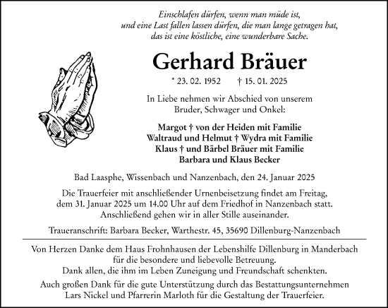 Traueranzeige von Gerhard Bräuer von Dill Block