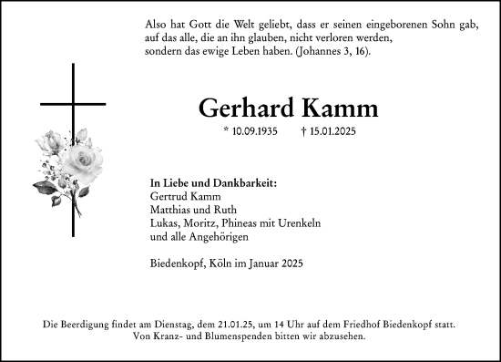Traueranzeige von Gerhard Kamm von Hinterländer Anzeiger