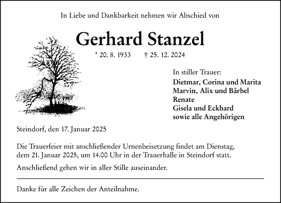 Traueranzeige von Gerhard Stanzel von Wetzlarer Neue Zeitung