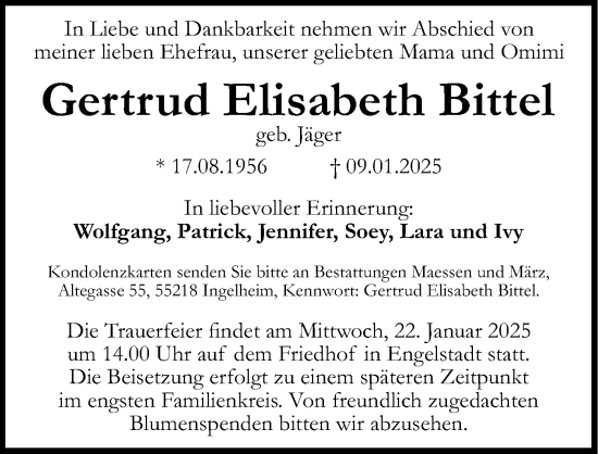 Traueranzeige von Gertrud Elisabeth Bittel von Binger-/Ingelheimer Wochenblatt