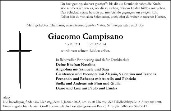 Traueranzeige von Giacomo Campisano von Allgemeine Zeitung Alzey