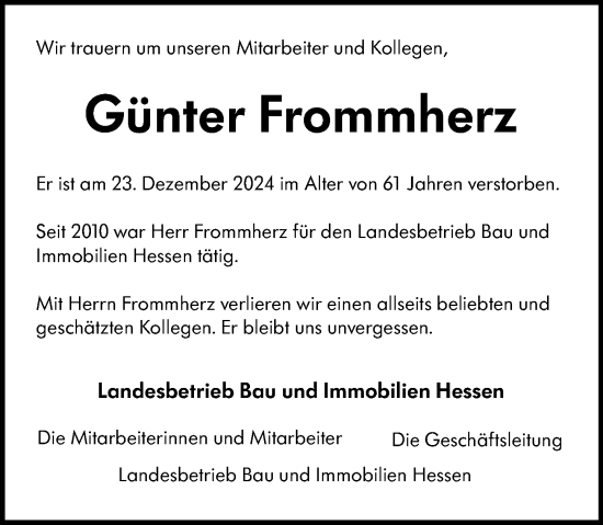 Traueranzeige von Günter Frommherz von Darmstädter Echo