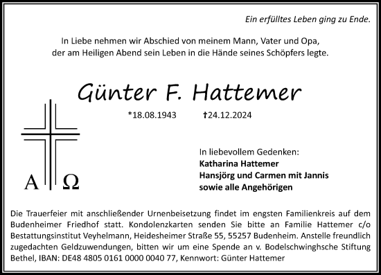 Traueranzeige von Günter Hattemer von Allgemeine Zeitung Mainz