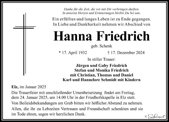 Traueranzeige von Hanna Friedrich von Nassauische Neue Presse