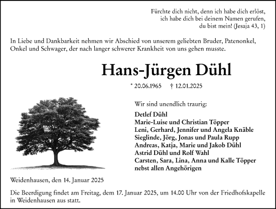 Traueranzeige von Hans-Jürgen Dühl von Hinterländer Anzeiger