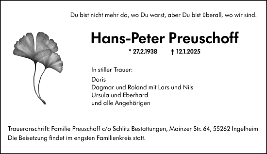Traueranzeige von Hans-Peter Preuschoff von Allgemeine Zeitung Mainz