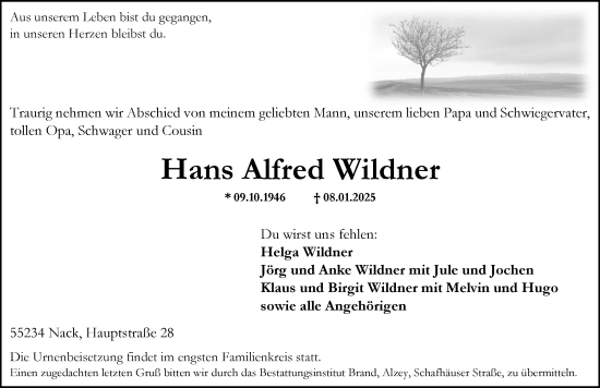 Traueranzeige von Hans Alfred Wildner von Allgemeine Zeitung Alzey