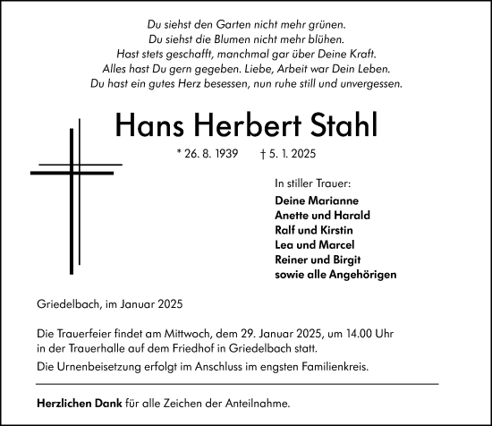 Traueranzeige von Hans Herbert Stahl von Wetzlarer Neue Zeitung
