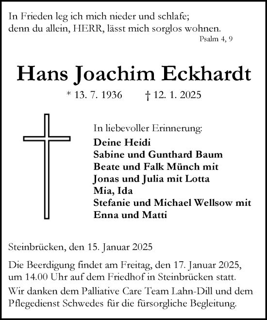 Traueranzeige von Hans Joachim Eckhardt von Dill Block