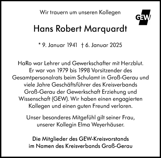 Traueranzeige von Hans Robert Marquardt von Groß-Gerauer Echo
