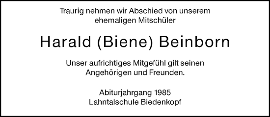 Traueranzeige von Harald Beinborn von Hinterländer Anzeiger