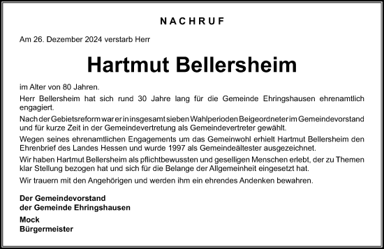 Traueranzeige von Hartmut Bellersheim von Wetzlarer Neue Zeitung