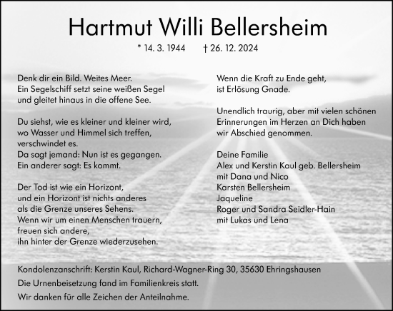 Traueranzeige von Hartmut Willi Bellersheim von Wetzlarer Neue Zeitung