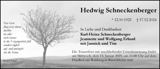 Traueranzeige von Hedwig Schneckenberger von Rüsselsheimer Echo