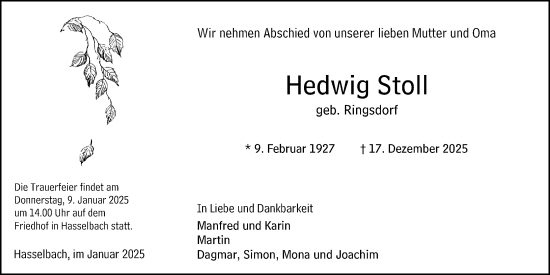 Traueranzeige von Hedwig Stoll von Weilburger Tageblatt