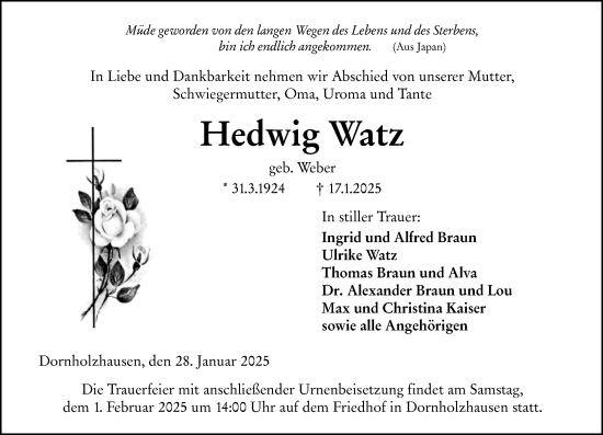 Traueranzeige von Hedwig Watz von Wetzlarer Neue Zeitung