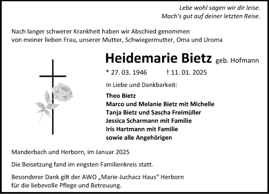 Traueranzeige von Heidemarie Bietz von Dill Block