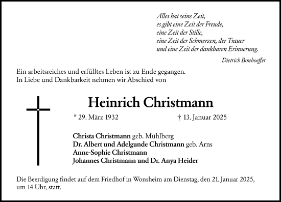 Traueranzeige von Heinrich Christmann von Allgemeine Zeitung Alzey