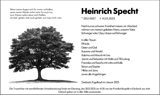 Traueranzeige von Heinrich Specht von Hinterländer Anzeiger