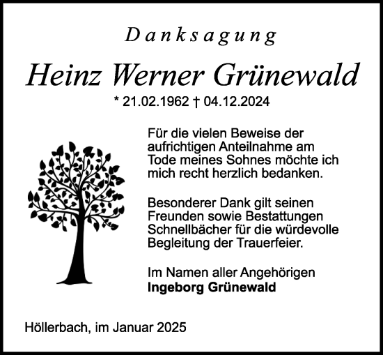Traueranzeige von Heinz Werner Grünewald von Odenwälder Echo