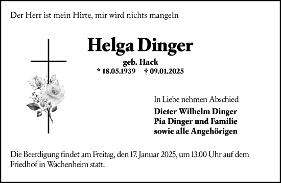 Traueranzeige von Helga Dinger von Wormser Zeitung