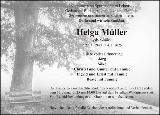 Traueranzeige von Helga Müller von Wetzlarer Neue Zeitung
