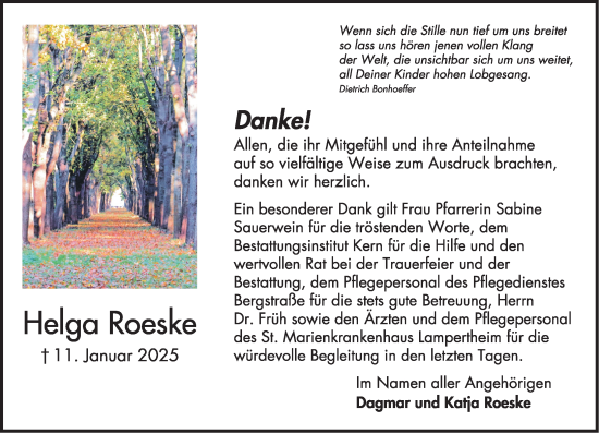 Traueranzeige von Helga Roeske von Starkenburger Echo